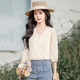 Silk Cypress V-Neck Shirt 2025 Spring French French's French Cropped Slim Pullover Broidered Shirt