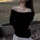 Nanmu Xiong Sweater Women's Spring and Autumn Thin One-shoulder Knitted Sweater Top Off-Shoulder Temperament Sweet Niche Exposed Collarbone Bottoming Shirt Black One Size 80-120Jin Jin is equal to 0.5 kg