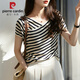 Pier Cardin Camiseta de manga corta a rayas francesas para mujeres en el verano 2025 Nuevo suéter en V deglido delgada suelta Top DX829# Color rayado M Recomendado 100-115Jin [Jin iguala 0.5 kg]