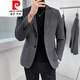 皮尔卡丹（pierre cardin）秋冬毛呢西装男外套短款韩版修身休闲西服领毛呢大衣男 X829双排扣西装 黑色 S 建议80-95斤