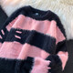 Style Rabbit Sweater Women's 2025 New Winter Stripe Contrast Color Age Reduction Thickening Design Loose Lazy Trendy Knitted Sweater Green One Size