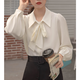 Harudi white long-sleeved shirt women's French bow spring and autumn chiffon commuting design lantern sleeve ribbon professional top white L (recommended 110-130)
