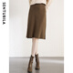 Shandubila Autumn and Winter Seiko 12-needle fashionable slit high-waisted woolen hip midi skirt, red coffee color M