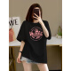 Con la versión coreana pura de la camiseta de algodón puro de algodón puro de algodón puro para mujeres 2025 Nuevo verano de gran tamaño de hombro delgado a media manga tostada 1049# gris oscuro [algodón puro] XL [recomendado 135-155Jin [Jin equivale a 0.5 kg]]]
