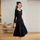 Bailuyu Spring and Autumn Round Neck Contrast Color Bead Chain Little Black Dress Retro Slim Midi Long Sleeve Dress Black XL