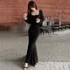Miao Yijia BBQ Lotus Fishtail Skirt Long Sleeve Dress Women's Skirt Birthday Dress Pure Sexy Hip Skirt Large Size Women's Clothing BBQ Lotus Long Sleeve Slim Fishtail Skirt S [Suggested 115 Jin [Jin equals 0.5 kg]]