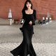 Junyao black fishtail skirt dress women's skirt autumn new high-end hip-hugging skirt French evening dress tight pure lust Bu Bu Shenglian long-sleeved slim fishtail skirt S Recommended 110Jin Jin is equal to within 0.5 kg