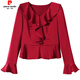 Pierre Cardin ruffled chiffon shirt women's long-sleeved spring and autumn new v-neck waist top short shirt belly-covering shirt red M