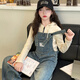Maidou Xiong Girls Internet Celebrity Overalls Set New Spring and Autumn Clothing Medium and Large Children's Fashionable Denim Overalls Two-piece Set Single-piece Overalls Front Pocket Style 150