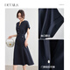 Shangdubi Lap folding sleeves V-neck temperament dress for women in summer cross belt contrasting color buckle A-line skirt slim midi skirt