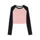Jewish women's clothing 2025 spring new short waist slim round neck contrasting color splicing long sleeve T-shirt G2 black pink 835A single size 160/84A