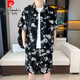 皮尔卡丹（pierre cardin）夏季冰丝短袖衬衫套装男休闲痞帅碎花半袖衬衣搭配沙滩短裤两件套 679米白套装 XL 125-140斤