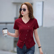 T-shirt à manches courtes de l'ourlet irrégulier à colme en V Magique T-shirt à manches courtes pour les femmes avec un t-shirt réducteur à la mode mince 6625 Angora Red L (105-115jin [Jin est égal à environ 0,5 kg]))