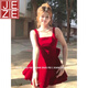Jeze French Red Square Collar Sobe Robe pour femmes en été Nouveau style Niche jupe A-Line Temperament Jupe Robe rouge [Z Gente Style Sweet Fashion Vacation M