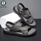 啄木鸟男士凉鞋男夏季2025新款真皮拖鞋休闲男鞋外穿开车沙滩皮凉拖两穿 9715 灰色 升级款 37