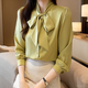 Finidongjue European French White Shirt Frauen langärmelte Bogen Chiffon Top Spring- und Herbst-Neutemperament Streamer-Basishemd Blau 9276 S _80-95jin [Jin ist 0,5 kg]