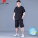皮尔卡丹（pierre cardin）冰丝运动套装男夏季大码薄款男士速干五分裤胖子加肥加大宽松短袖 PZ829黑色 高质量冰丝套装 XL 建议130-140斤