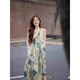 Luge Vest Robe Retro Tempérament littéraire Nouveau style chinois Spring and Summer Long Jirt Women's Clothing 2025 Nouveau Niche Design Sense Encre Painting Robe XL [suggéré 115-130jin [Jin est égal à 0,5 kg]]]