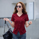 T-shirt à manches courtes de l'ourlet irrégulier à colme en V Magique T-shirt à manches courtes pour les femmes avec un t-shirt réducteur à la mode mince 6625 Angora Red L (105-115jin [Jin est égal à environ 0,5 kg]))