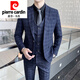 Pierre Cardin Spring and Autumn Thick Suit Men's Three-piece Korean Slim Small Suit Business Formal Wedding Groom's Dress Plaid Gray (Suit, Trousers) Tie M (90-109Jin Jin equals 0.5 kg)