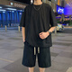 龙桃子休闲运动套装男夏季2025新款美式宽松短袖短裤男生酷帅穿搭两件套 2546-826黑色套装 M 约90-105斤可穿