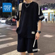 Jüdischer Sportanzug Herren Sommer dünne lose trendige Eisseide Kurzärärmelte T-Shirt Herren Shorts lässig zweiköpfige Herrenkleidung FKS653 Schwarzer Anzug XL etwa 130-150 Jin [Jin Equals Equals Equals Carnes] kann getragen werden
