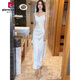 Pierre cardin spring and autumn small fragrance style v-neck dress for women 2025 new high-end satin dress suspender long skirt black dress L