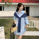 COLORFUL GEMS off-shoulder Polo neck dress Spring and autumn niche artistic short skirt 1047# blue S suggested 80-90Jin [Jin equals 0.5 kg]