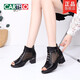 CARTELO 2025 spring and summer new genuine leather middle-aged thick heel fish mouth shoes for women mesh breathable hollow sandals high heel sandals mesh boots black fine mesh 36