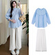 
Ranqi Mommy Pregnant Women's Set Summer 2025 New Loose Casual Belly Belly Covering Variety Collar Doll Shirt Wide Leg Pants Two-piece Set White Shirt (Single) L