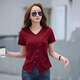 T-shirt à manches courtes de l'ourlet irrégulier à colme en V Magique T-shirt à manches courtes pour les femmes avec un t-shirt réducteur à la mode mince 6625 Angora Red L (105-115jin [Jin est égal à environ 0,5 kg]))