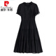 皮尔卡丹（pierre cardin）新中式国风刺绣绣花木耳领花边盘扣短袖雪纺连衣裙女时尚舒适裙子 9761黑色面料 M 90-100斤