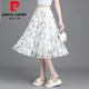 Pierre cardin 2025 summer new floral skirt for women with small fresh short skirt with large sway mesh printed A-line slim chiffon mid skirt 9906-8# One size (suggested 90-145Jin [Jin equals 0.5 kg])