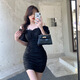 COLORFUL GEMS off-shoulder Polo neck dress Spring and autumn niche artistic short skirt 1047# blue S suggested 80-90Jin [Jin equals 0.5 kg]