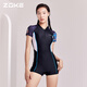 Zhouke's new one-piece swimsuit for women, boxer angle slimming sun protection training swimsuit, black swimsuit + knitted swimming cap_swimming cap default black M
