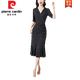 皮尔卡丹（pierre cardin）包臀时尚经典黑波点气质优雅鱼尾裙2025春夏装新款V领显瘦连衣裙 679浅杏底红叶 XL
