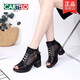 CARTELO 2025 spring and summer new genuine leather middle-aged thick heel fish mouth shoes for women mesh breathable hollow sandals high heel sandals mesh boots black fine mesh 36