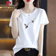 Pier Cardin pure cotton Chinese style white T-shirt for women, short sleeves loose simple and versatile ink printing summer 2025 new top trend 6193 leather powder short sleeve M (recommended 80-105 Jin [Jin equals 0.5 kg])
