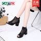 CARTELO 2025 spring and summer new genuine leather middle-aged thick heel fish mouth shoes for women mesh breathable hollow sandals high heel sandals mesh boots black fine mesh 36