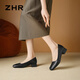 ZHR粗跟单鞋女经典拼接工作皮鞋通勤一脚蹬浅口女鞋软底AH673黑色39