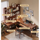 Huixun solid wood corner desk bookshelf bookcase integrated table small apartment home L-shaped computer table double corner study table walnut color #desk 140cm*60cm*75cm auxiliary seat length 120cm