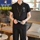 
Woodpecker (TUCANO) summer new cotton linen men's suit linen short-sleeved T-shirt casual half-sleeved Tang suit Hanfu T-shirt Chinese style clothing V 1303 khaki [short-sleeved + trousers] thin 2XL