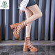 Woodpecker European Station Hollow High Heel Roman Shoes Women's 2025 Summer New Open-toe Waterproof Platform Rear Zipper Thick Heel Sandal Brown HS1389 34