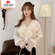 Pierre Cardin 2025 Spring and Autumn New Korean Style Fashionable V-neck Lace Ruffled Chiffon Shirt Elegant Super Fairy Top for Women Apricot V-neck Long Sleeves Soft Breathable Fabric Lined 2XL 125-150Jin Jin is equal to 0.5kg