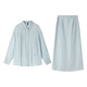 Vanciman Simple Shirt Anzug Rock für Frauen 2025 Sommer neutemperamentige Strickjacke Hosenteilrock Drei-teilige Set M9898 Blau Grün L.