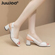 JuuJoo's temperament simple genuine leather fish mouth sandals for women's thick heels new summer French empty striped mid-heel sandals for women off-white 38