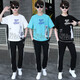 乐琪娅夏季青少年短袖T恤男孩衣服高中初中学生大童夏装帅气运动套装潮 白蓝色 套装TZ9226款 M 【70-90斤】