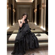 Pure sexy temperament V-neck design sense black ears big sling suspender dress long skirt women red dress L
