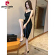 Pierre cardin spring and autumn small fragrance style v-neck dress for women 2025 new high-end satin dress suspender long skirt black dress L