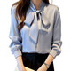 Finidongjue European French White Shirt Frauen langärmelte Bogen Chiffon Top Spring- und Herbst-Neutemperament Streamer-Basishemd Blau 9276 S _80-95jin [Jin ist 0,5 kg]